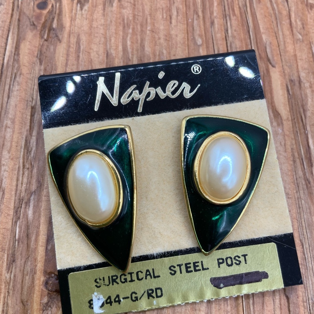 Napier Vintage Green Pearl-Accent Gold Tone Triangle Stud Earrings